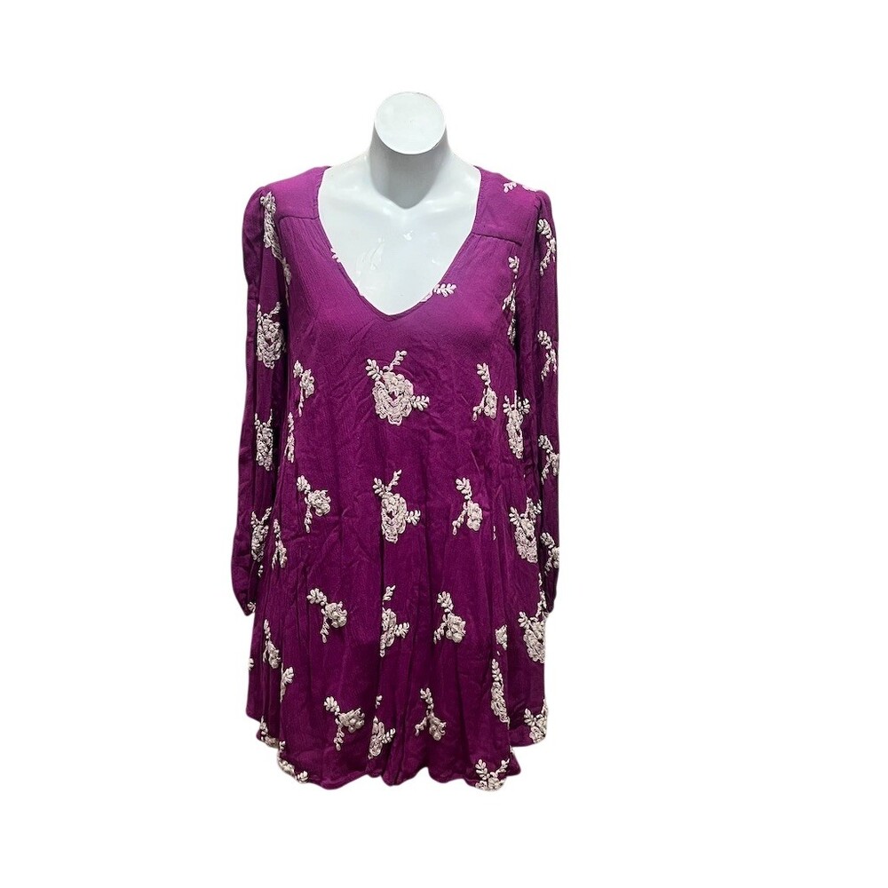Free People Dress Womens M Purple Floral Embroidered Swing Mini Open Back